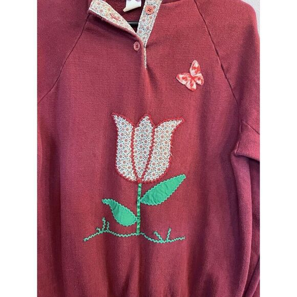 VTG Healthknit Flowers Floral Collar Grandma Burgundy‎ Sweatshirt Womens L - Picture 2 of 6